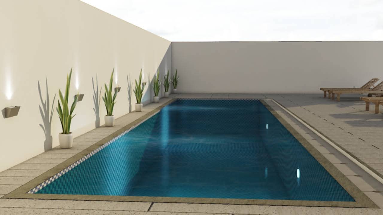 Desain 3D kolam renang minimalis dengan mozaik gelap